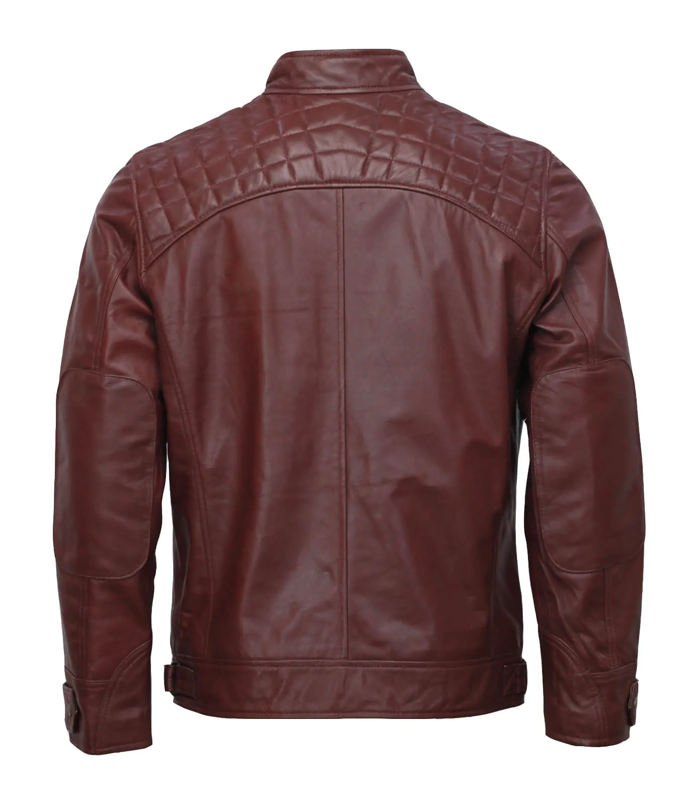 Men’s Maroon Moto Biker Leather Jacket with Zipper Pockets and Quilted Shoulders