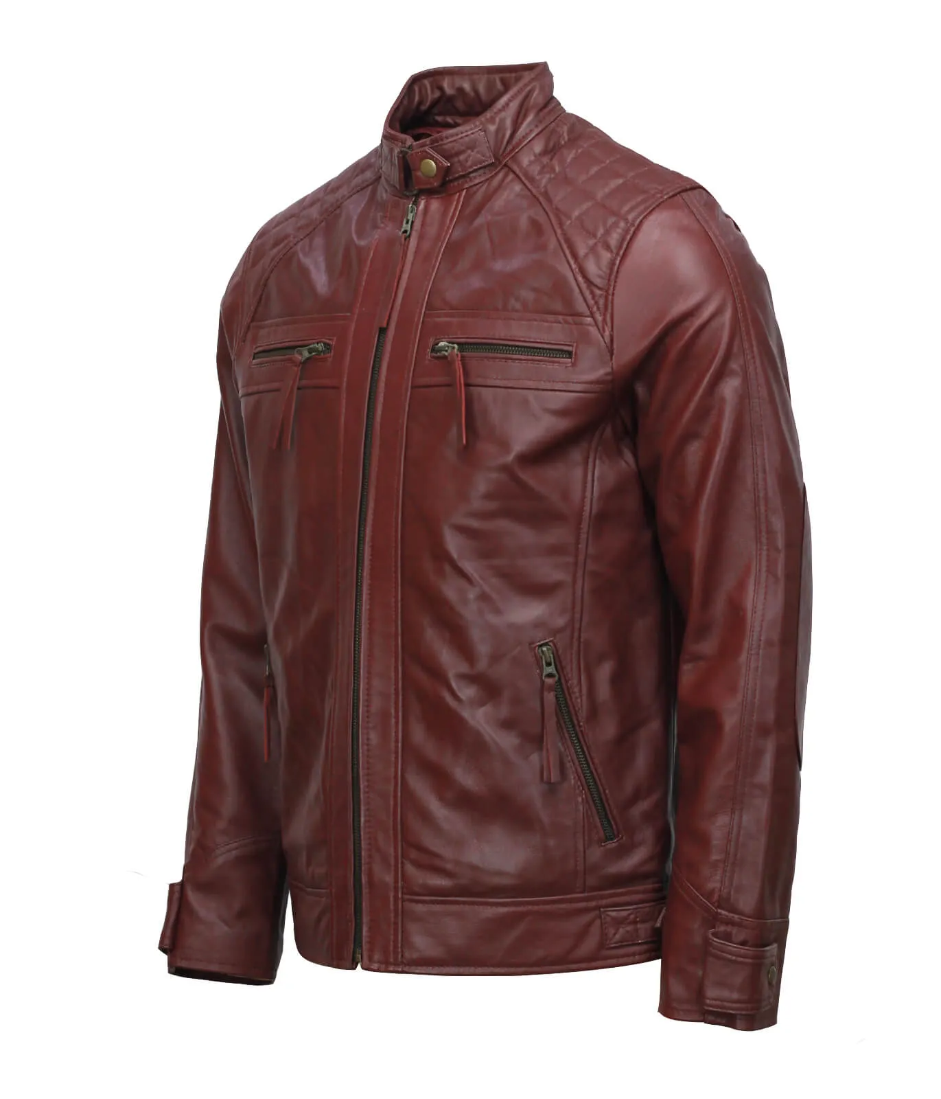 Men’s Maroon Moto Biker Leather Jacket with Zipper Pockets and Quilted Shoulders