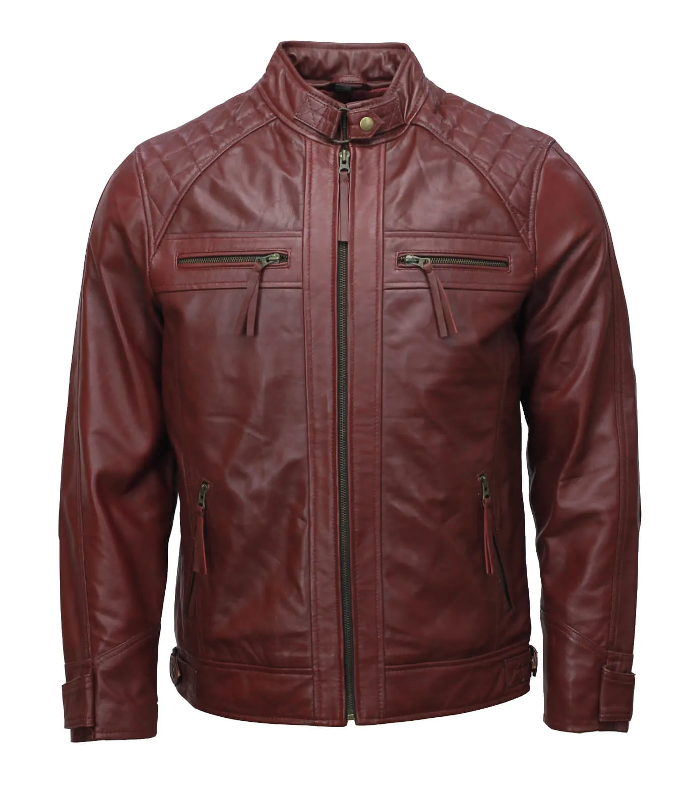 Men’s Maroon Moto Biker Leather Jacket with Zipper Pockets and Quilted Shoulders