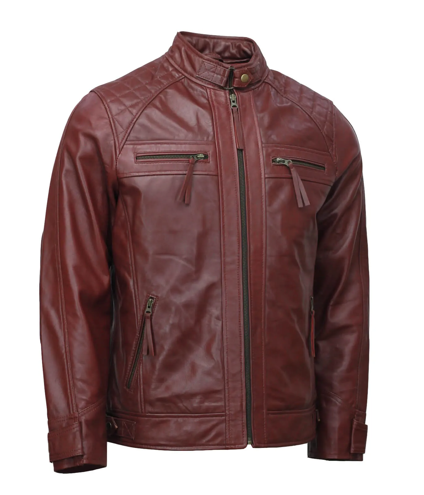 Men’s Maroon Moto Biker Leather Jacket with Zipper Pockets and Quilted Shoulders