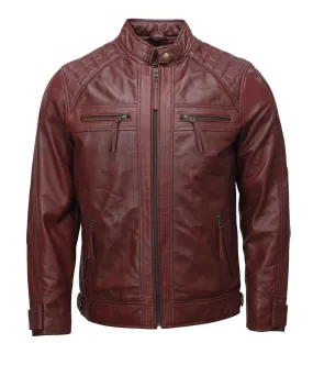 Men’s Maroon Moto Biker Leather Jacket with Zipper Pockets and Quilted Shoulders