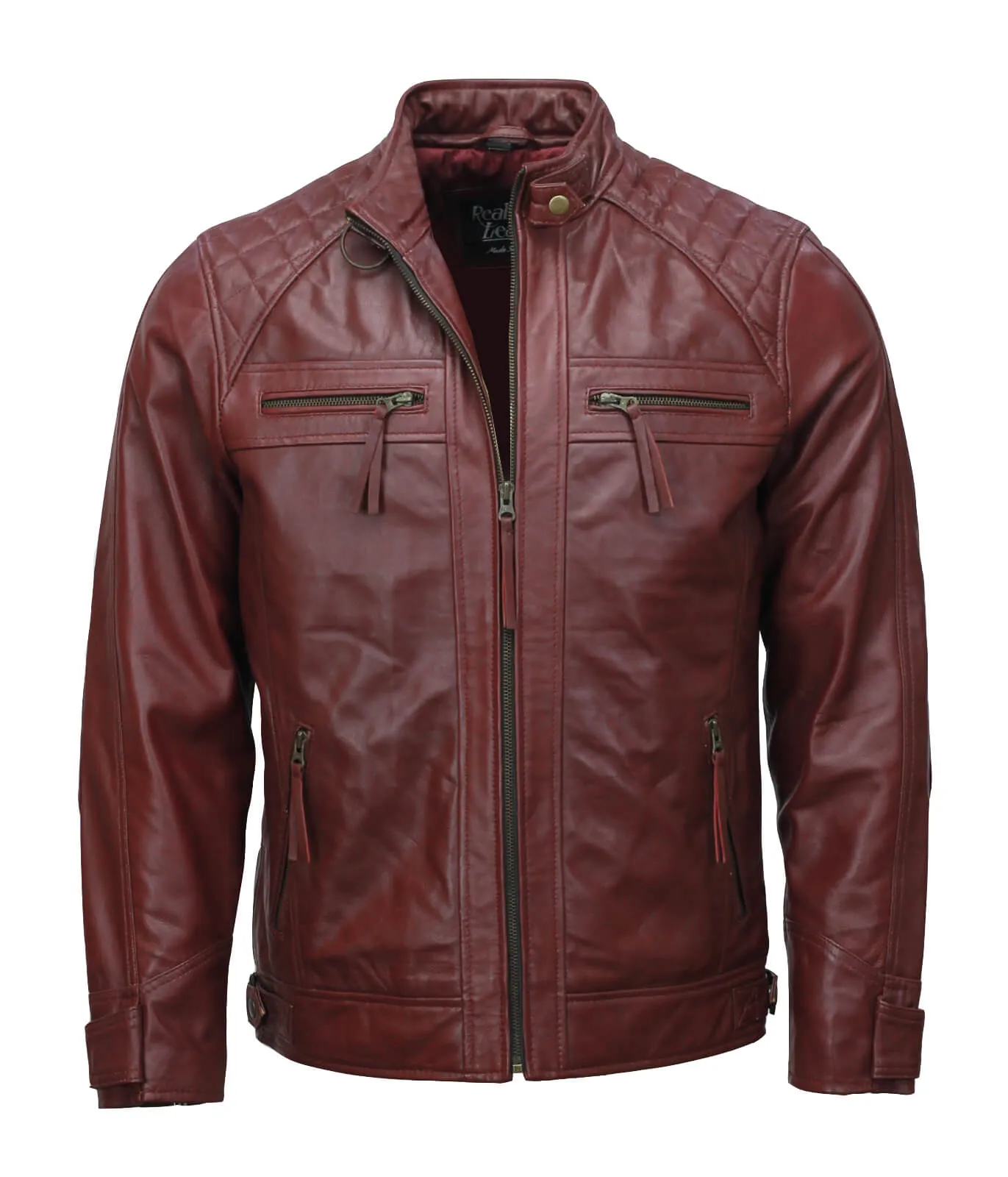 Men’s Maroon Moto Biker Leather Jacket with Zipper Pockets and Quilted Shoulders
